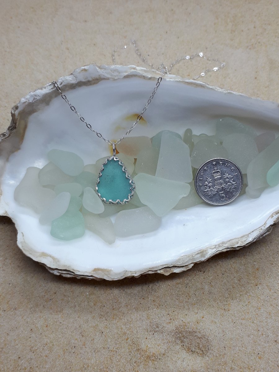 Light teal blue sea glass pendant