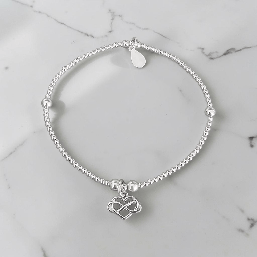 Sterling Silver Infinity Heart Charm Stretch Bracelet 925