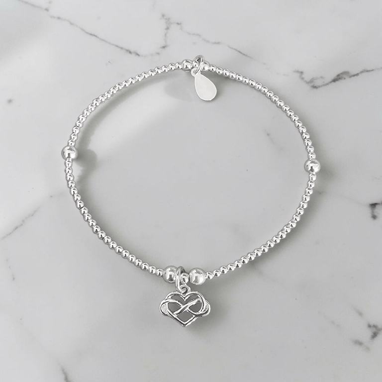 Sterling Silver Infinity Heart Charm Stretch Bracelet 925
