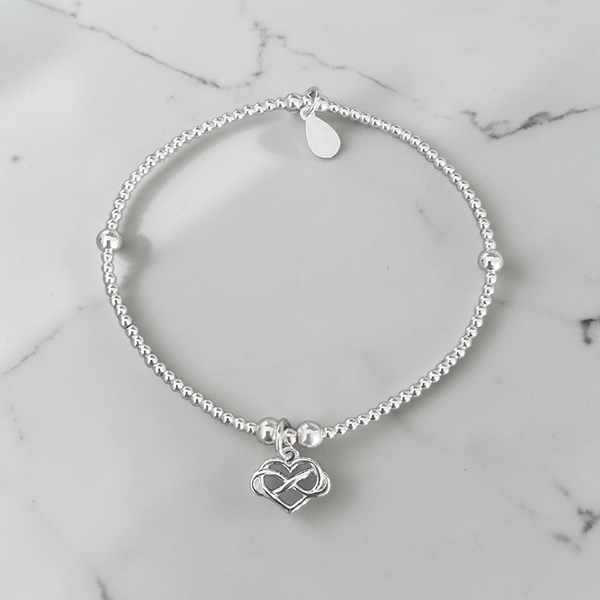 Sterling Silver Infinity Heart Charm Stretch Bracelet 925