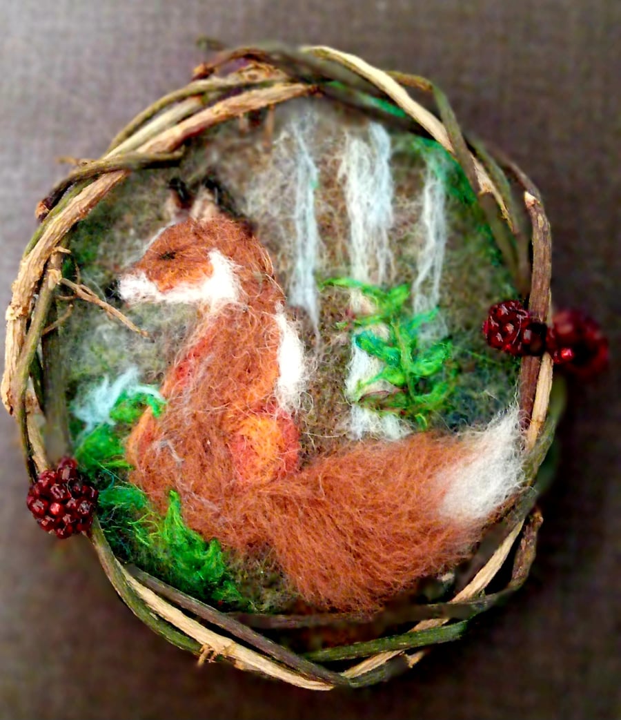 Autumn woodland fox needlefelt picture.