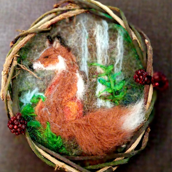 Autumn woodland fox needlefelt picture.