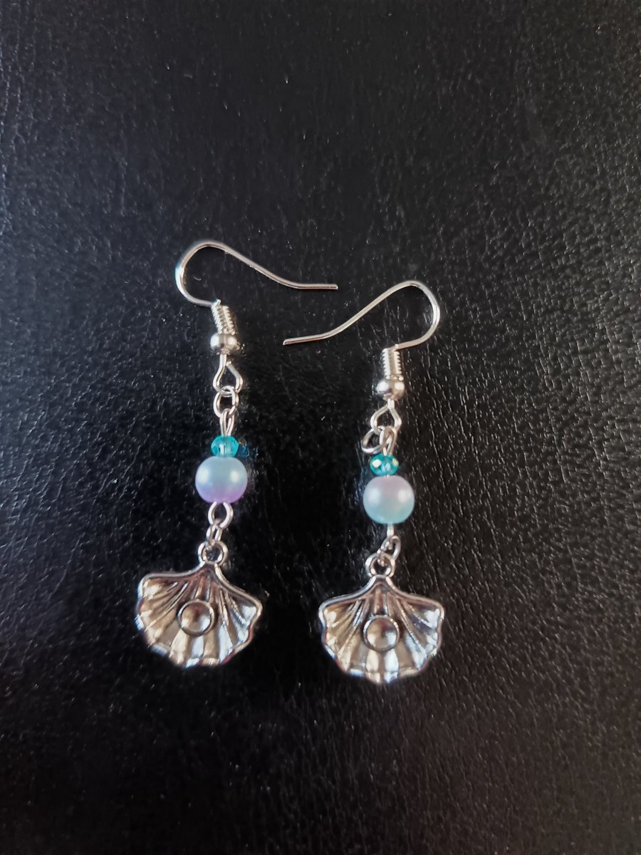 Silver shell charm dangle earrings with pastel pearl and turquoise bead detail 