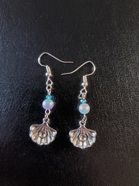 Silver shell charm dangle earrings with pastel pearl and turquoise bead detail 