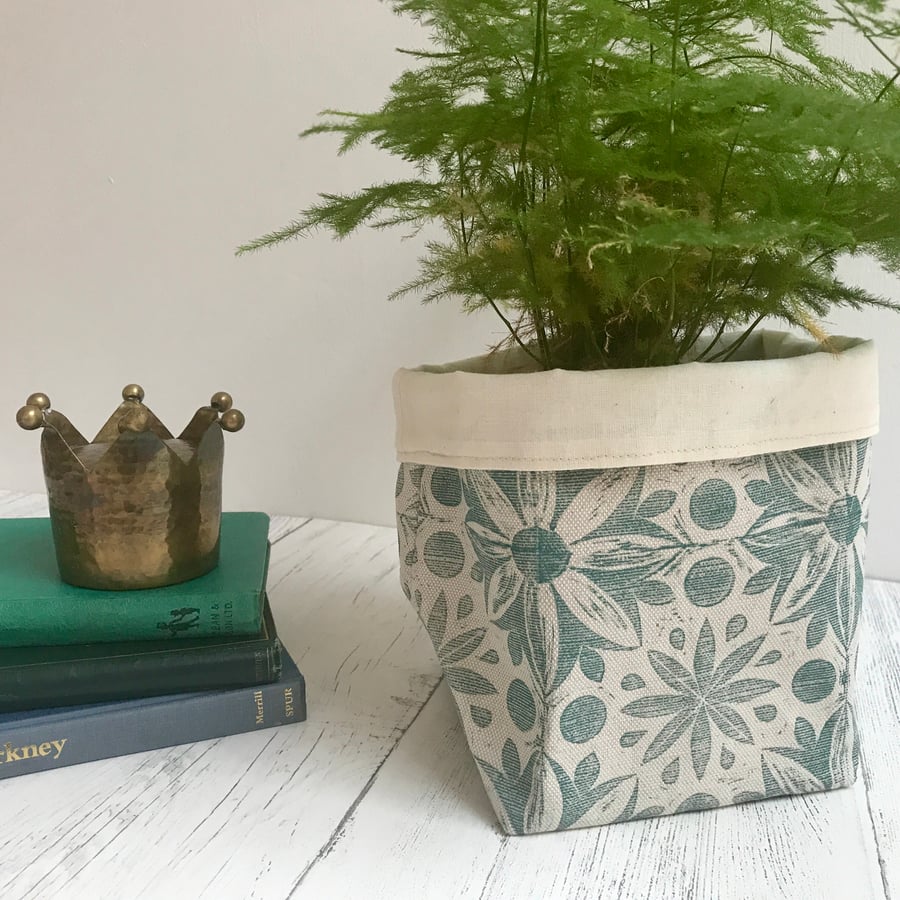 Hand Printed Linen Storage Basket, Textile Basket, Plant Pot - Teal Blue