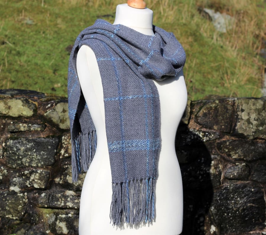 Grey and blue handwoven scarf