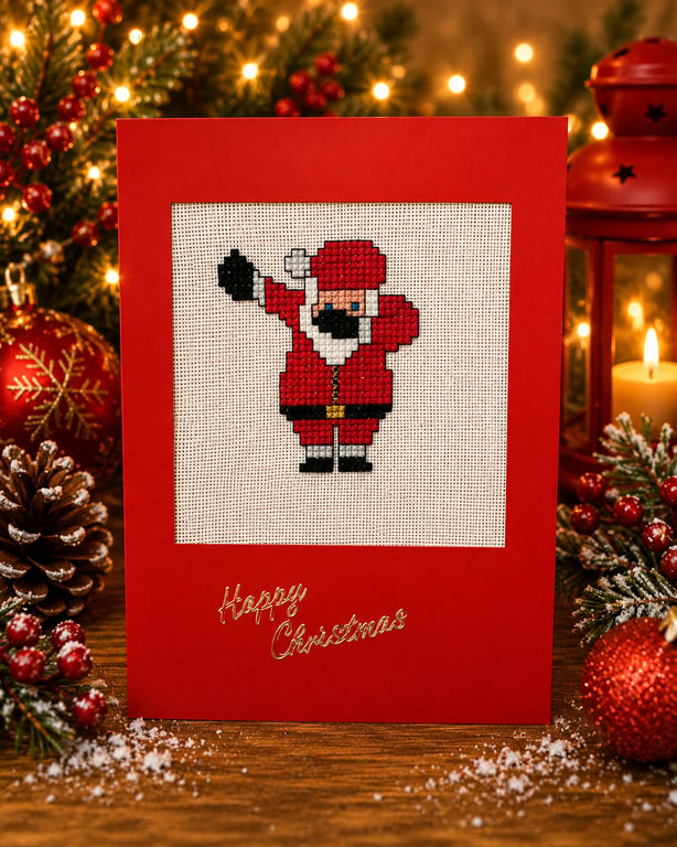 Handmade Cross Stitch Dabbing Santa Christmas Card – Funny Xmas Card 