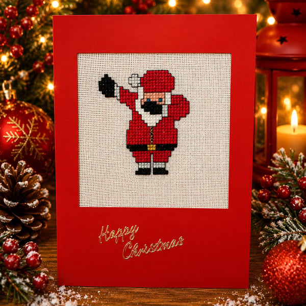 Handmade Cross Stitch Dabbing Santa Christmas Card – Funny Xmas Card 