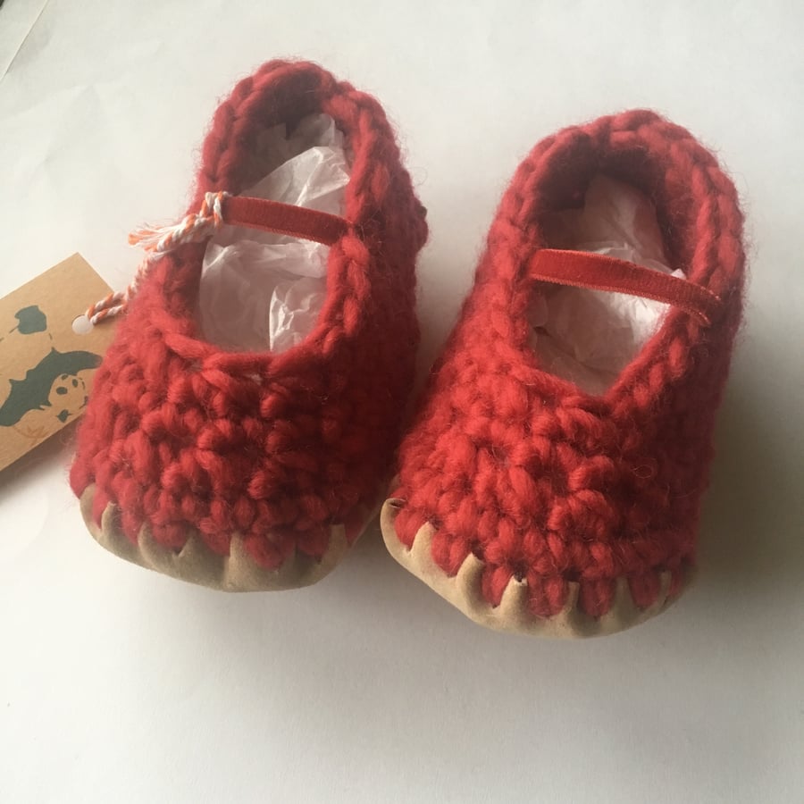 Baby shoes- Wool & leather -Mary Jane shoes red- 12-18 months