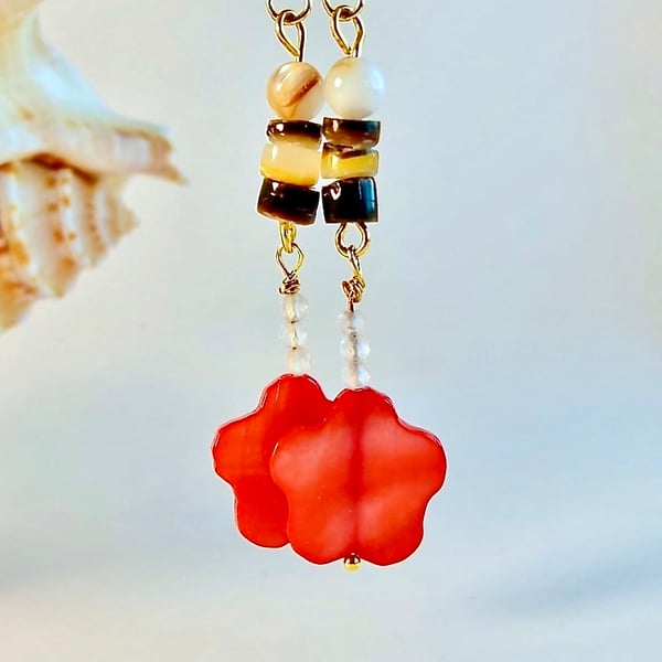 Mother Of Pearl Flower And Shell Earrings - Handmade In Devon