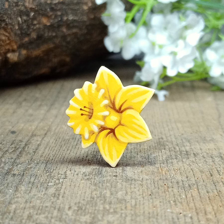 Daffodil Pin, Handmade Wooden Badge, March Birth Flower, March Birthday Gift