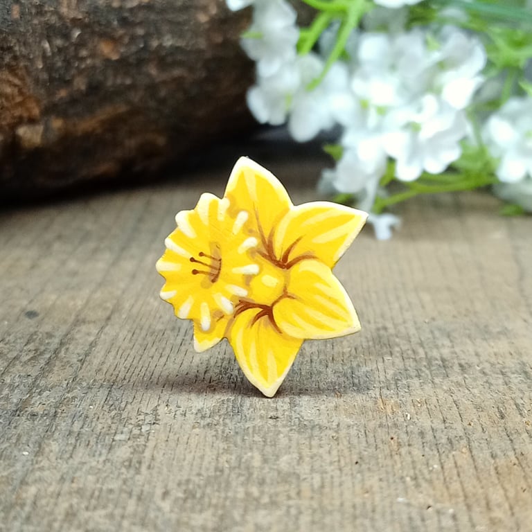 Daffodil Pin, Handmade Wooden Badge, March Birth Flower, March Birthday Gift
