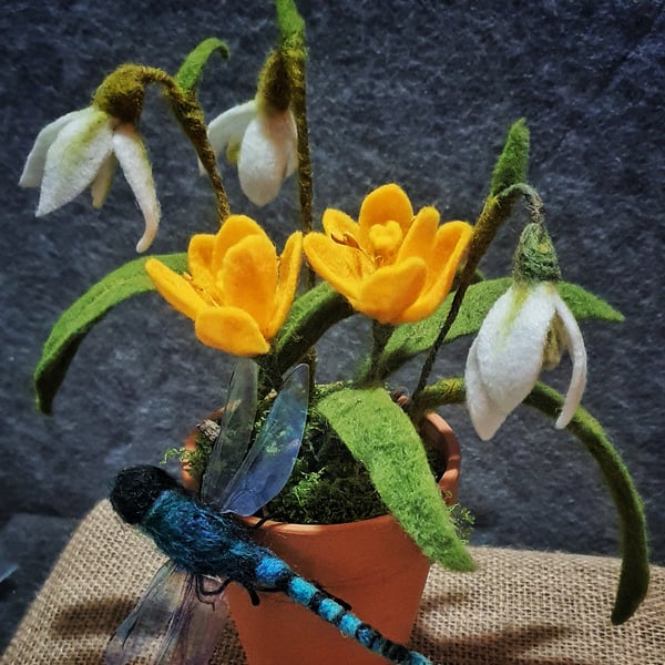Needle felted Dragonfly perched on a terracotta pot full of snowdrops and crocus