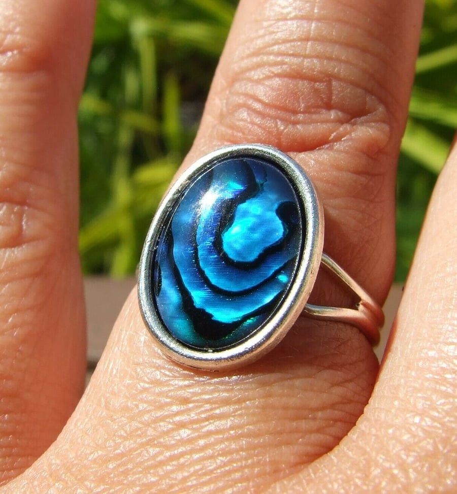 Rare Blue Paua Abalone Shell Handmade Adjustable Ring in Gift Box 