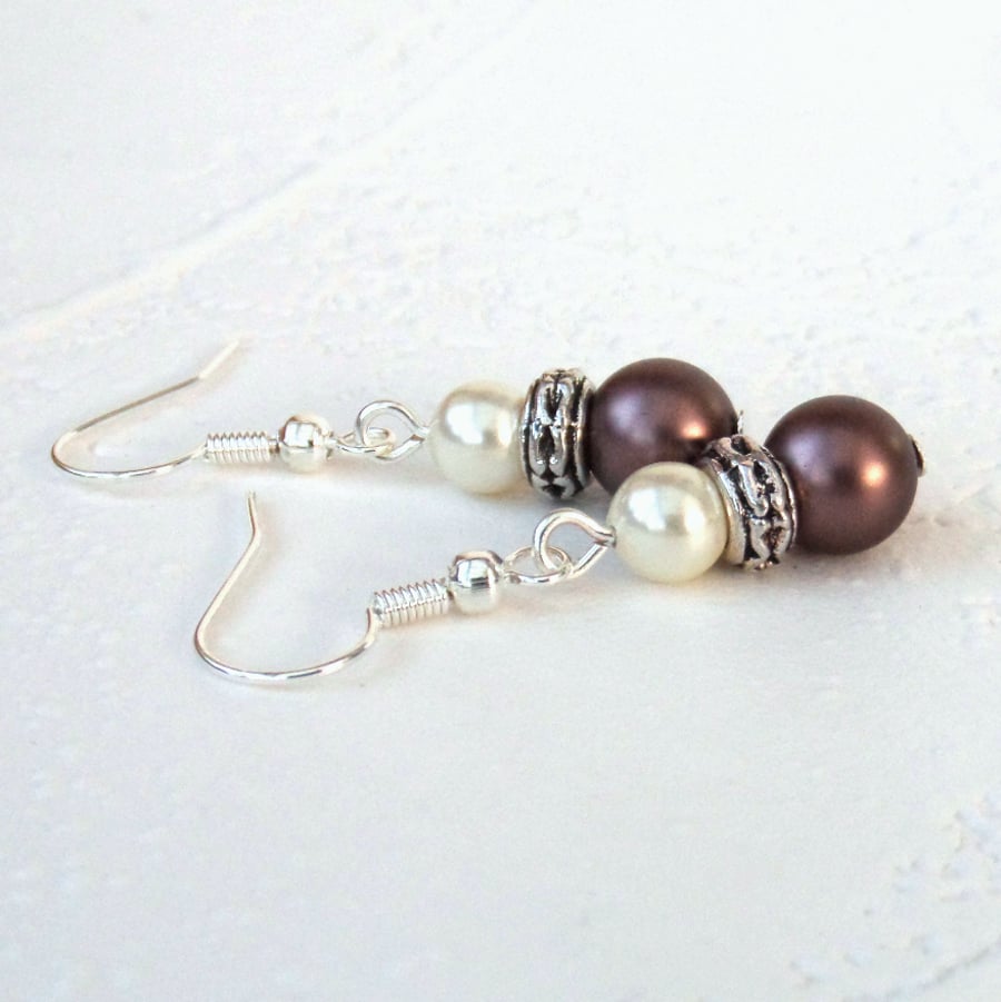 Swarovski® crystal pearl earrings, with brown velvet and ivory crystal pearls