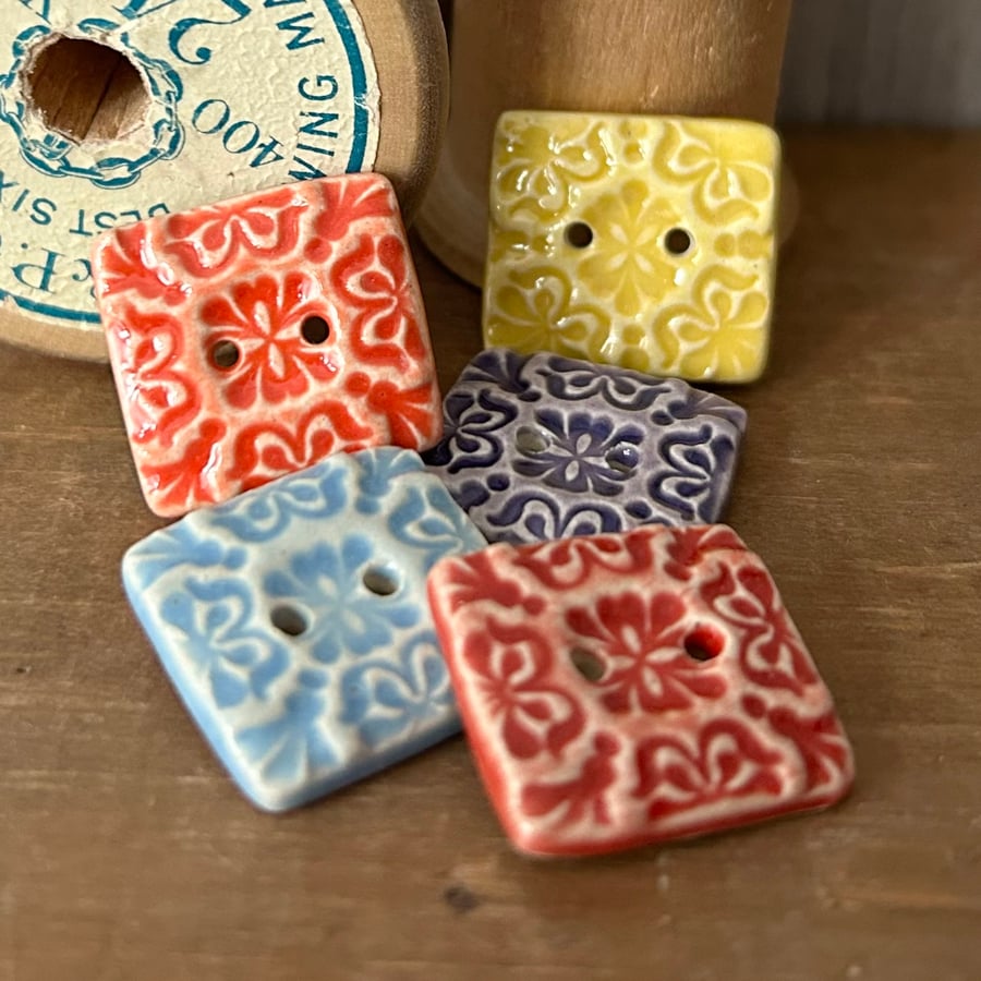 Set of five little square ceramic handmade buttons 