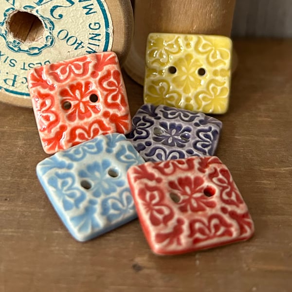 Set of five little square ceramic handmade buttons 