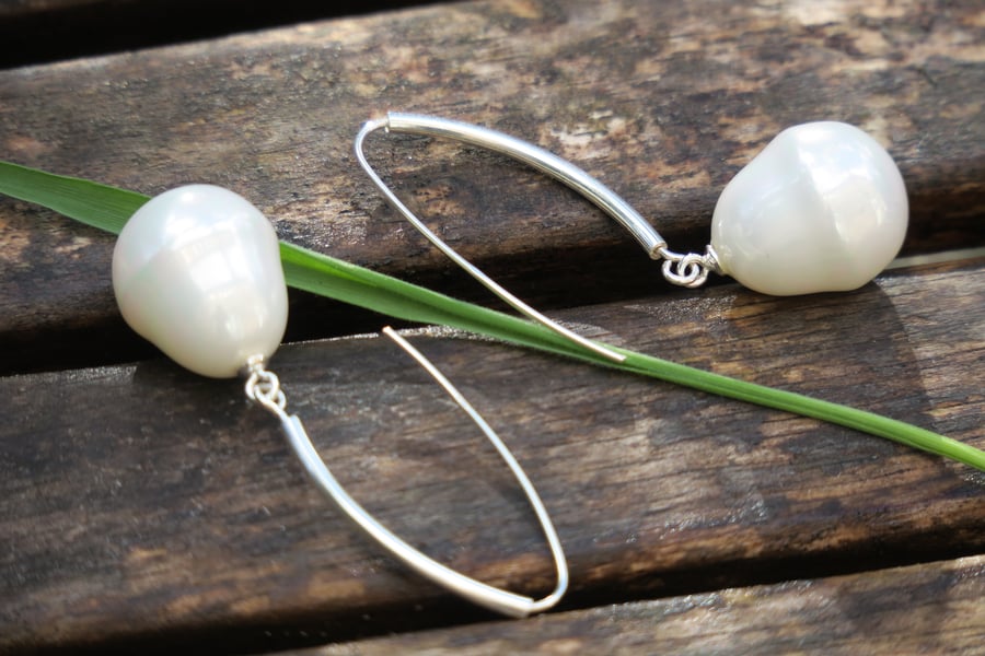 Long Sterling Silver Earrings with White Shell Pearl