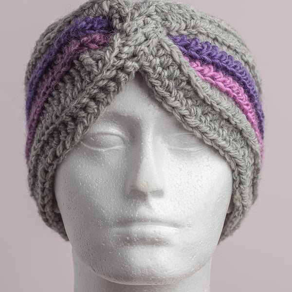 Earwarmer headband Crochet chunky  grey pink purple handmade