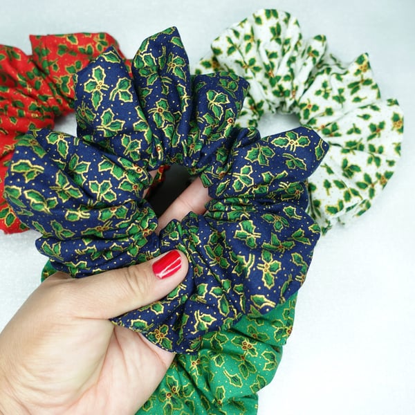 Christmas XL Scrunchies, 100% Cotton, Holly Print Scrunchies, Xmas Scrunchies