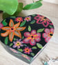 Wooden trinket box love heart shaped handpainted black with metallic flowers.   - Image 2