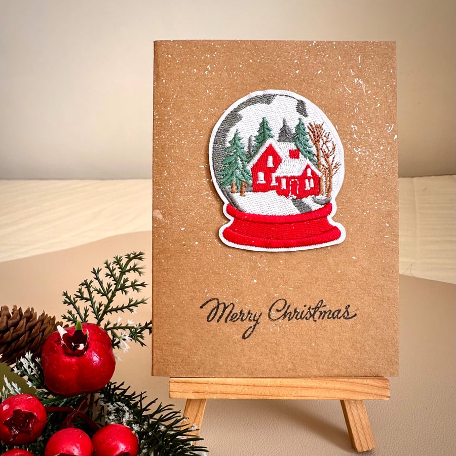 Christmas snow globe card embroidered winter cottage greeting traditional Xmas