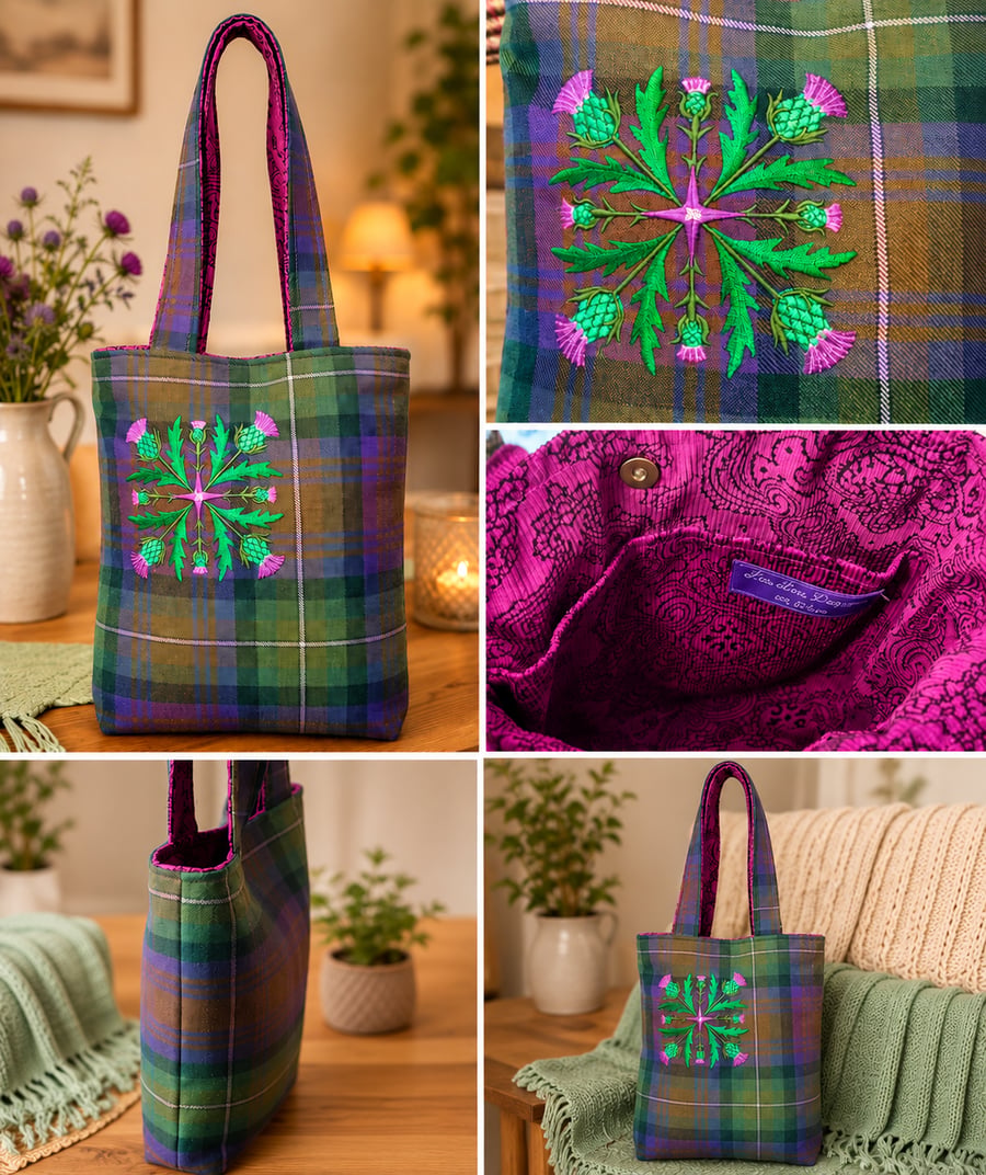 Isle of Skye tartan tote bag with thistle