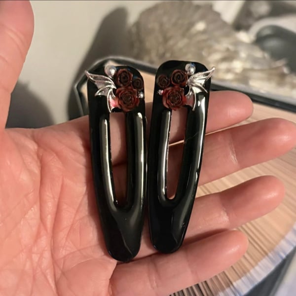 2 x gothic bat wing rose hair clip slides 