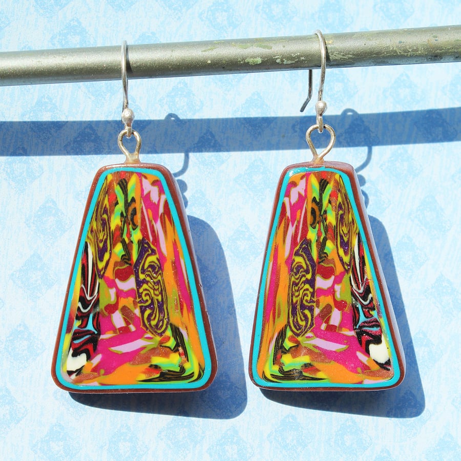 Dangle Earrings - Intricate Mosaic Patterns in Rich Tones - Silver Hooks