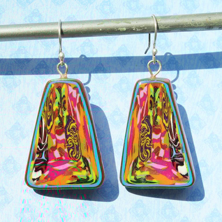 Dangle Earrings - Intricate Mosaic Patterns in Rich Tones - Silver Hooks