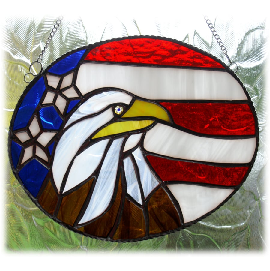 RESERVED for Jeanne Bald Eagle American Flag Suncatcher Stained Glass Handmade 