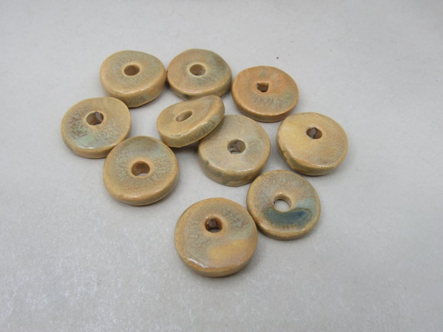 10 Medium Old Gold Glazed Ceramic Washer Beads