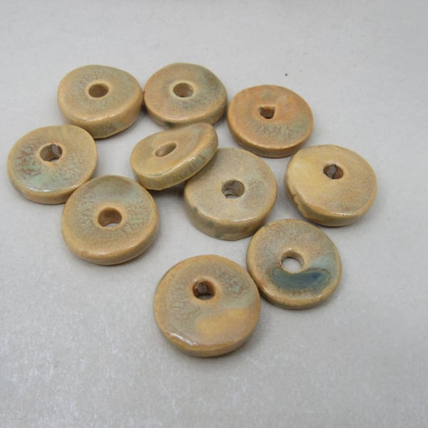 10 Medium Old Gold Glazed Ceramic Washer Beads