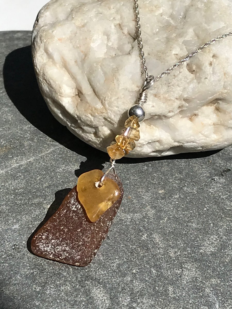 Brown Sea Glass & Citrine Handmade necklace, sustainable eco gift 