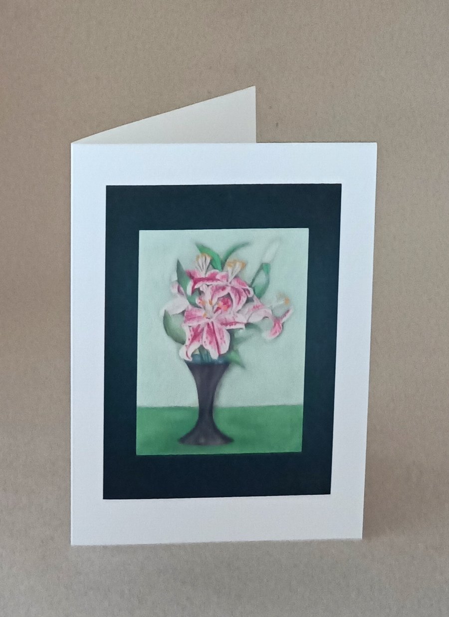 Vase of Lilies handmade flower card of an oil pastel drawing