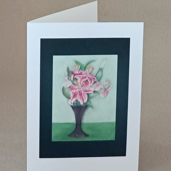 Vase of Lilies handmade flower card of an oil pastel drawing