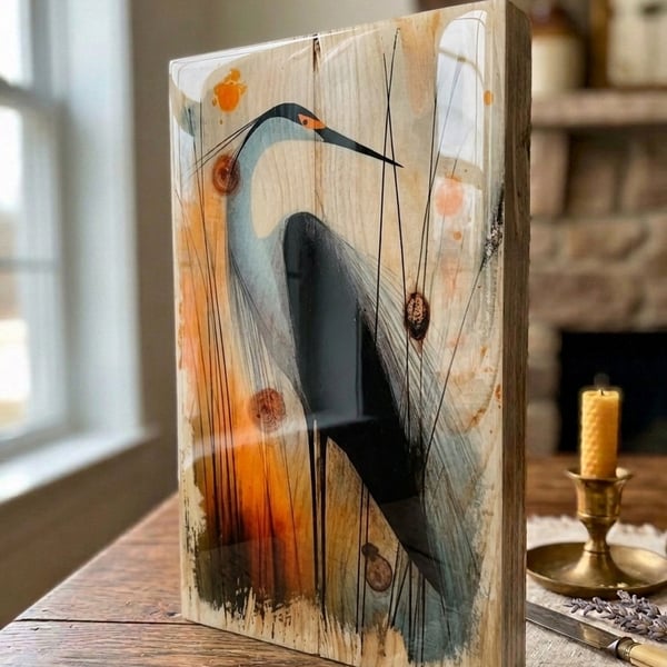 Blue Heron Wall Art, Lakehouse Decor, Bathroom Wood Block, Photo Transfer Art