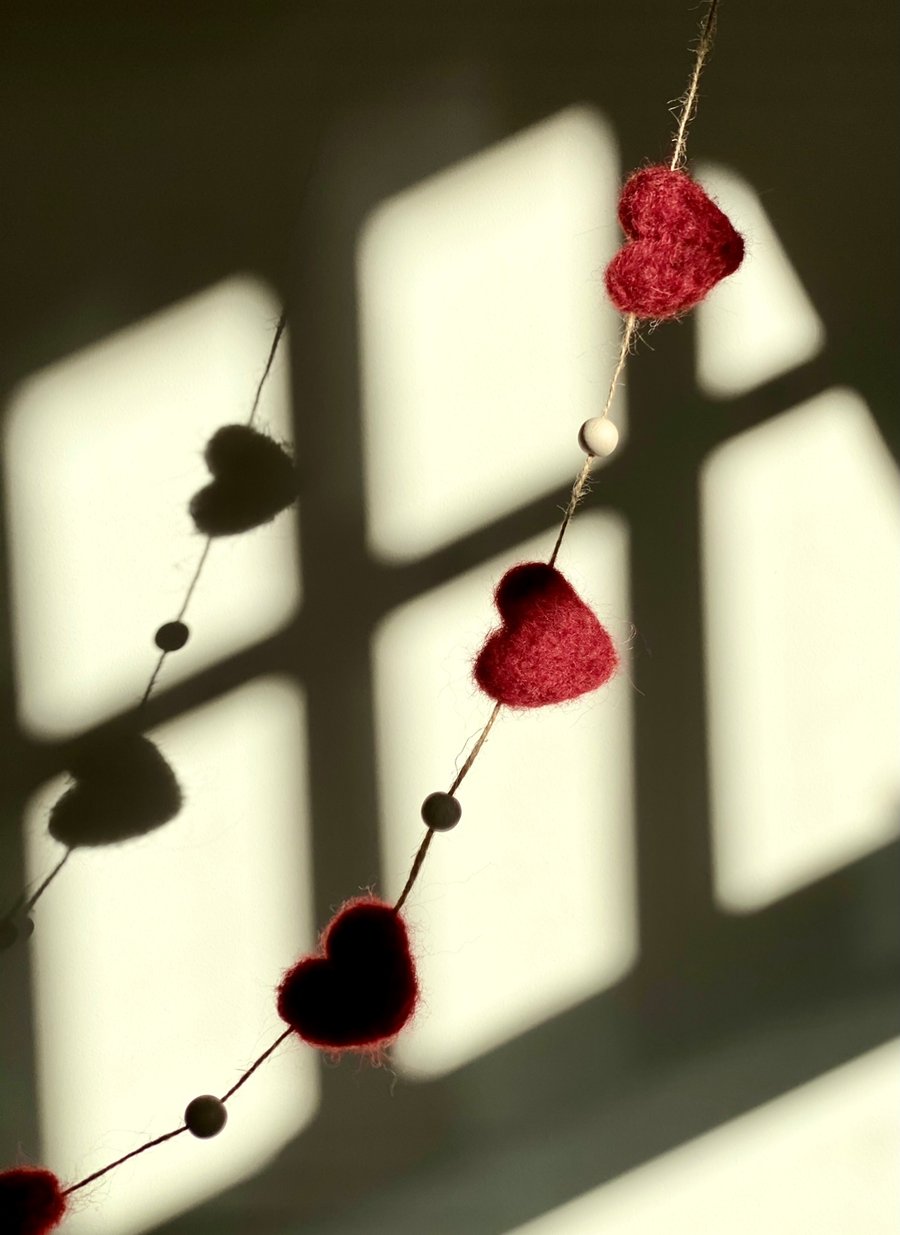 Deep Red Needle Felted Heart Garland
