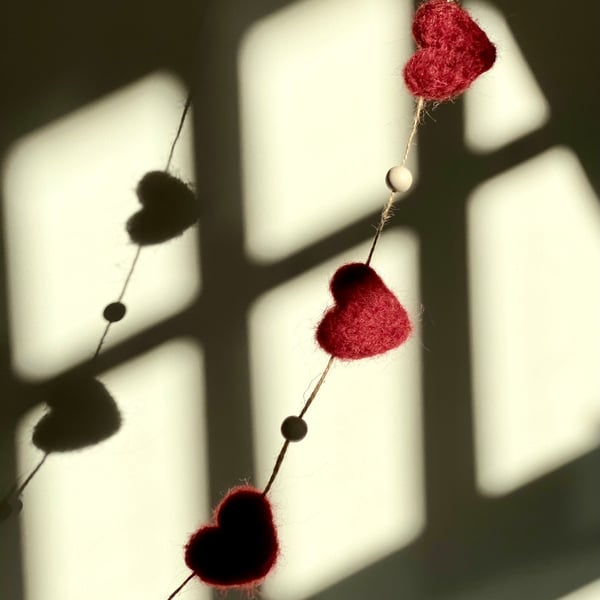 Deep Red Needle Felted Heart Garland