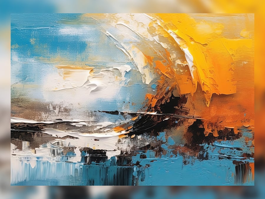 Pale Blue, Pale Orange and White, Oil Abstract Painting Print, Modern Decor 5x7