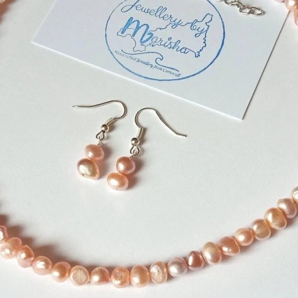 Soft Peach Freshwater Pearl Handmade Necklace & Earrings Gift Set