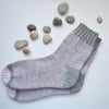 Hand knitted alpaca-wool blend socks. Soft grey-pink striped socks.