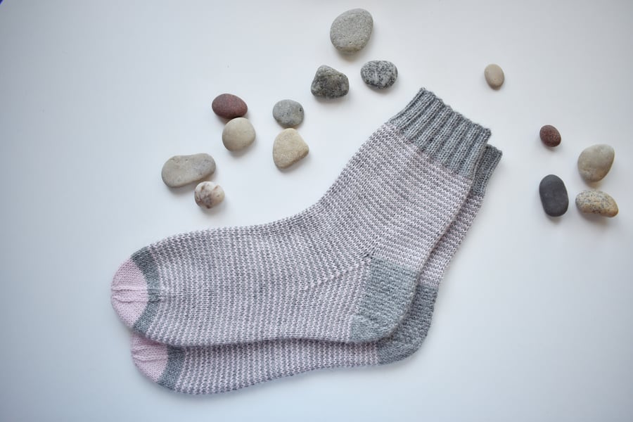 Hand knitted alpaca-wool blend socks. Soft grey-pink striped socks.