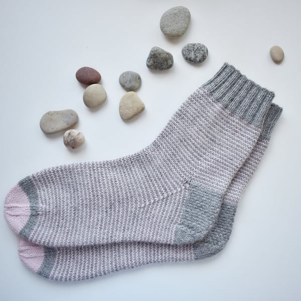 Hand knitted alpaca-wool blend socks. Soft grey-pink striped socks.
