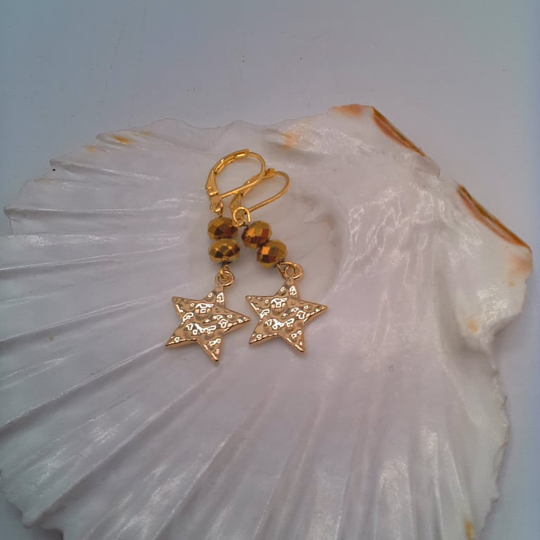 Gold Plated Hammered Star Earrings with Gold Crystal Rondelles, Gift for Her