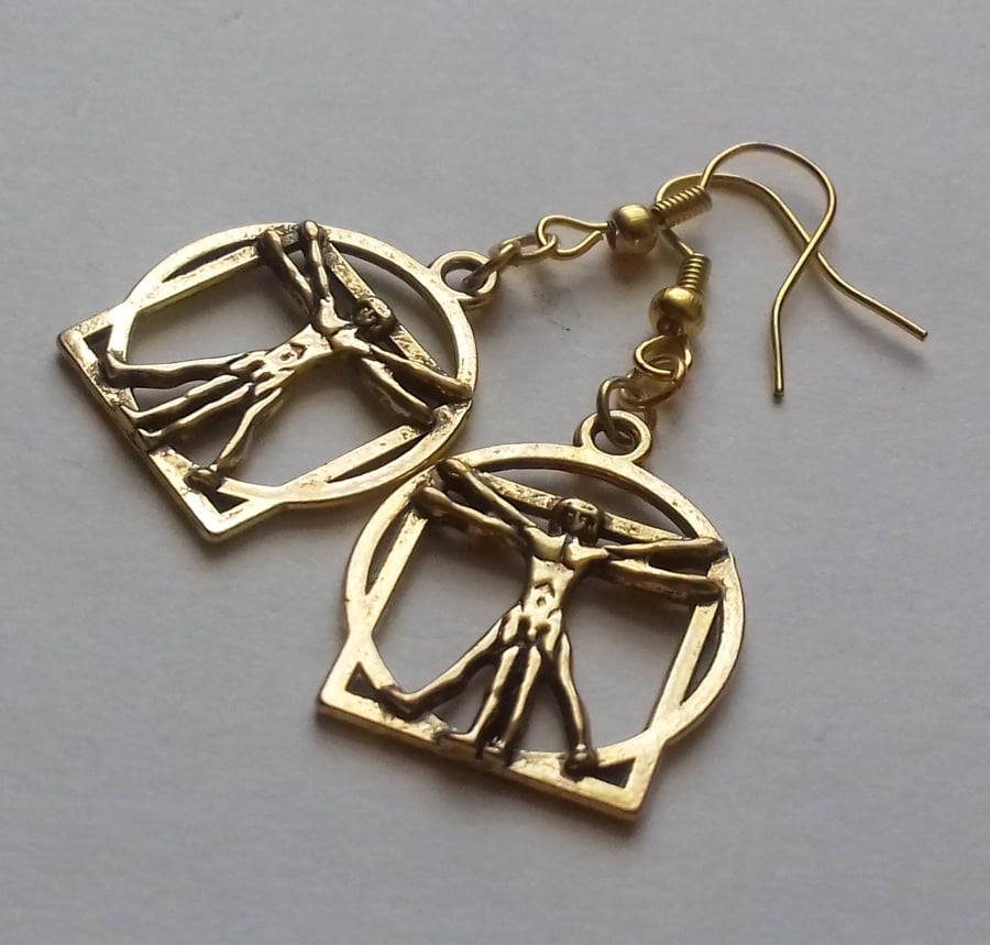 Gold Plate Vitruvian Man Da Vinci Art Artist Teacher Earrings