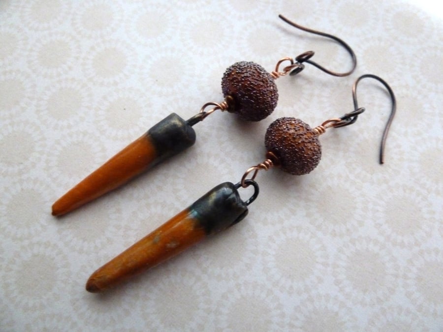 SALE orange ceramic and copper earrings