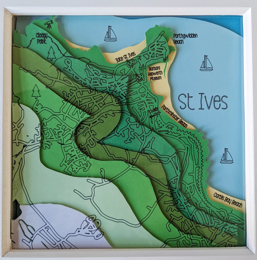 Papercut topography artworks of favourite Cornwall locations framed artworks