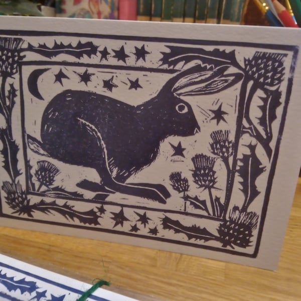 Pack of five hare and thistles greetings cards based on an original linoprint