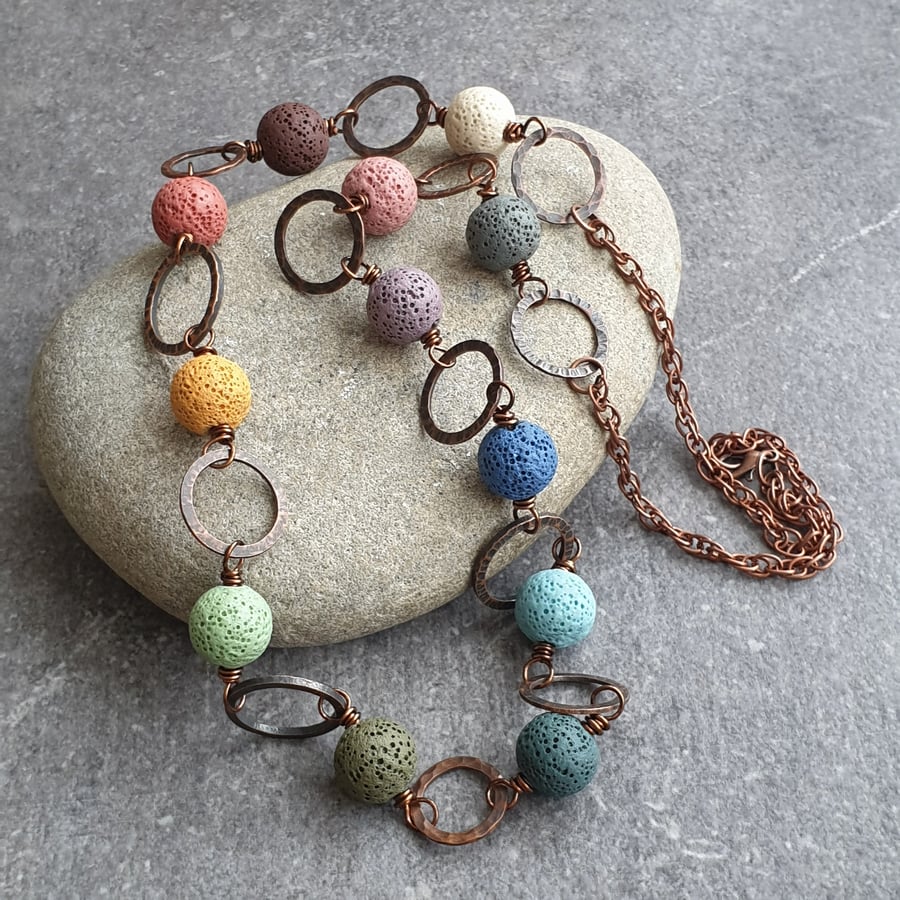 Rainbow lava bead necklace, Copper jewellery, Long multicoloured necklace